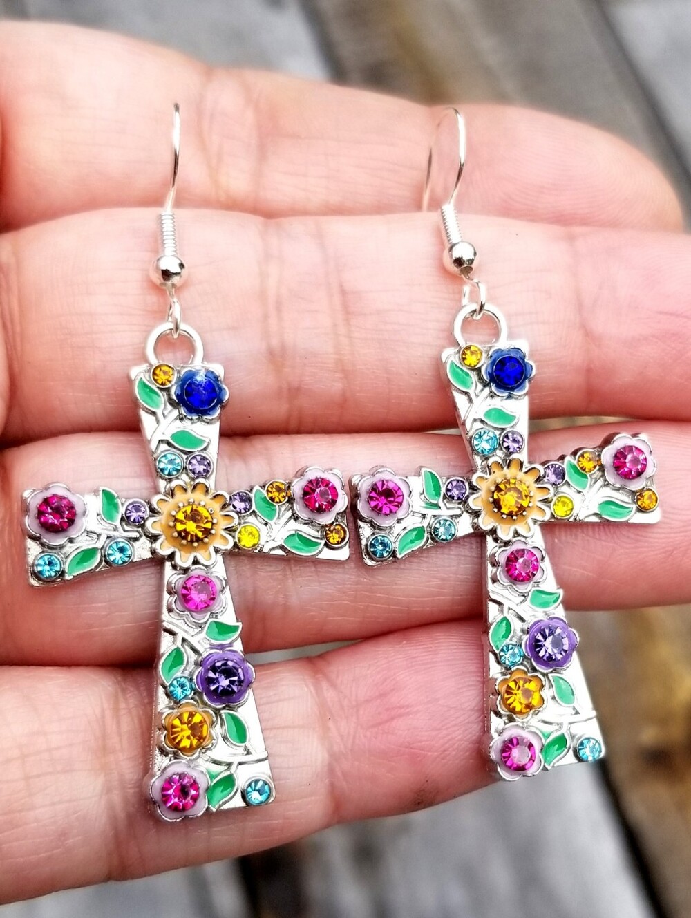Crystal Floral Cross Dangle Earrings, Colorful Cross Earrings, Sunflower Cross